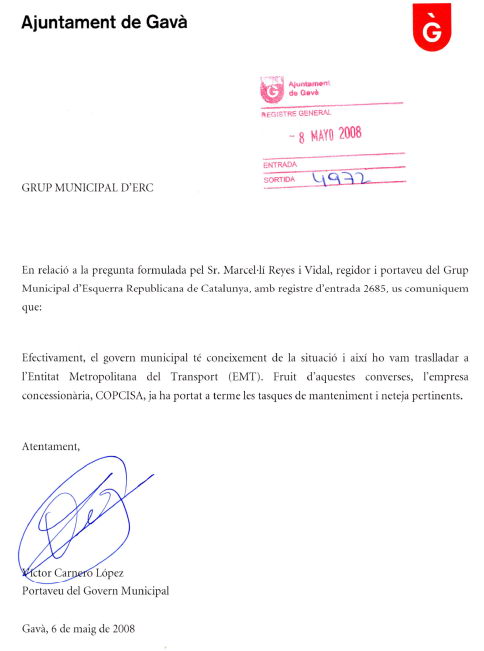 Resposta de l'Ajuntament de Gavà a una pregunta escrita d'ERC de Gavà on els preguntaven per l'estat de les parades d'autobs situades a l'autovia de Castelldefels a l'alada del Silvi's de Gav Mar (6 de Maig de 2008)